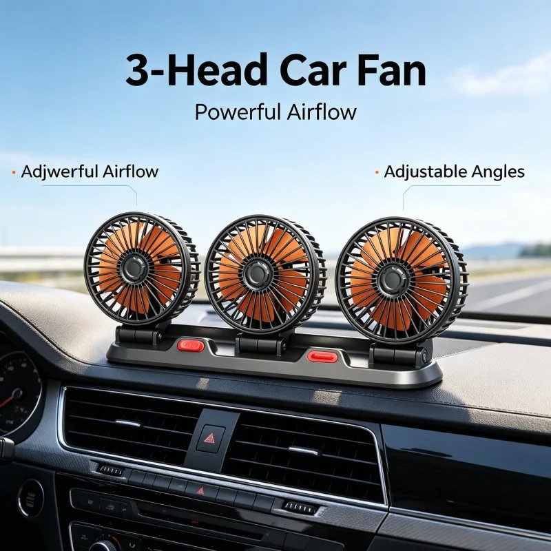 Three Headed Car Cooling Fan - 360 Degree Adjustable Car Cooling Electric Fan
